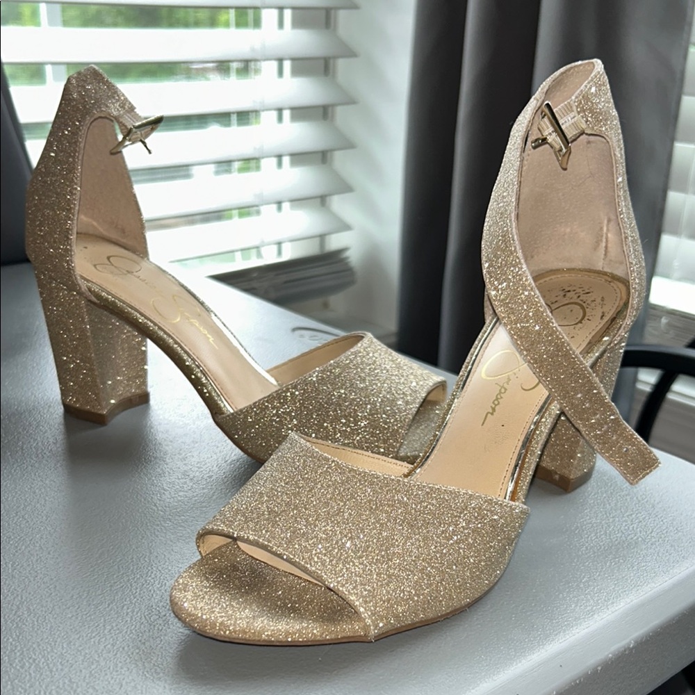 Jessica Simpson Gold Block Heel Peep-Toe Heels